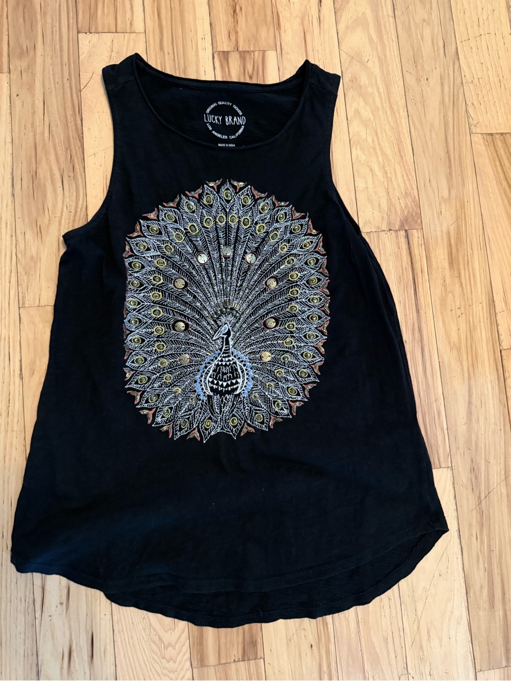 Lucky Brand Black Peacock Sequin Embroidered Sleeveless Tank Top Women’s Size M